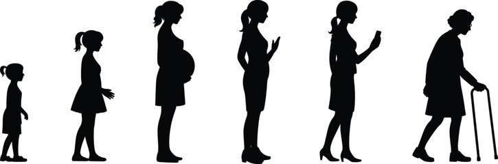 Silhouette illustration showing female life stages from toddler, child, pregnant woman, adult woman using smartphone, to elderly woman with cane, vector design