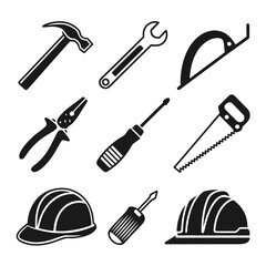 Black and white icons of construction tools and safety helmets on white background hammer