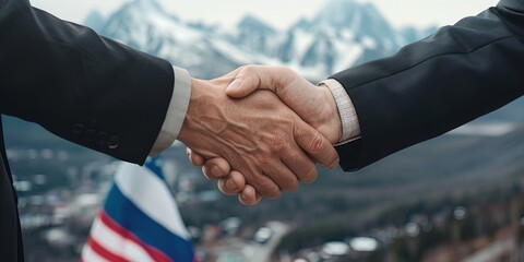 Politicians shaking hands in alaska with us and russia flags, international summit for peace and diplomacy
