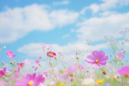 Vibrant Cosmos Flowers Against a Bright Blue Sky with Fluffy Whi