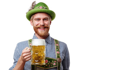 A man sips a big beer at a festival, created with AI, PNG