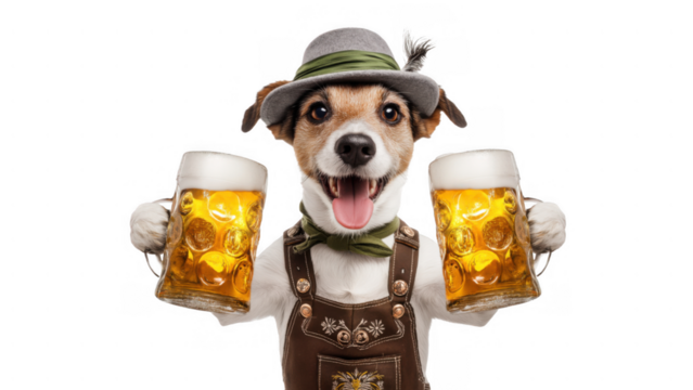 Dog in outfit with two beer mugs, created with AI, PNG