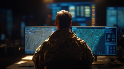 Military personnel working at night time command center