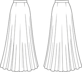 Pleated long skirt fashion flat, front and back view, technical sketch, vector template, cad drawing, clothing design illustration