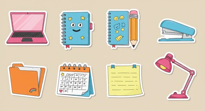 Set of 8 colorful sticker designs laptop, notebook, pencil, stapler, folder, calendar, sticky note, desk lamp - Powered by Adobe