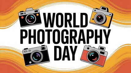 Obraz premium World Photography Day graphic with bold lettering and camera illustrations