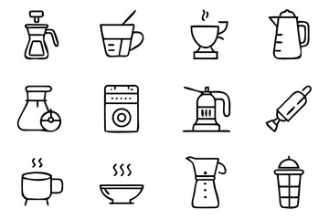 Minimal line art set for beverage brewing equipment. Perfect for café menus, drink recipe illustrations, and barista training guides with a sleek, artisanal tone.