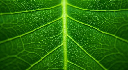 Obraz premium Close-up macro photograph of a vibrant green leaf showcasing intricate vein patterns and textures
