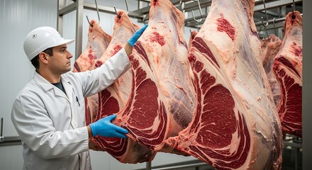 Worker inspecting beef carcasses hanging in a refrigerated warehouse to ensure quality and freshness