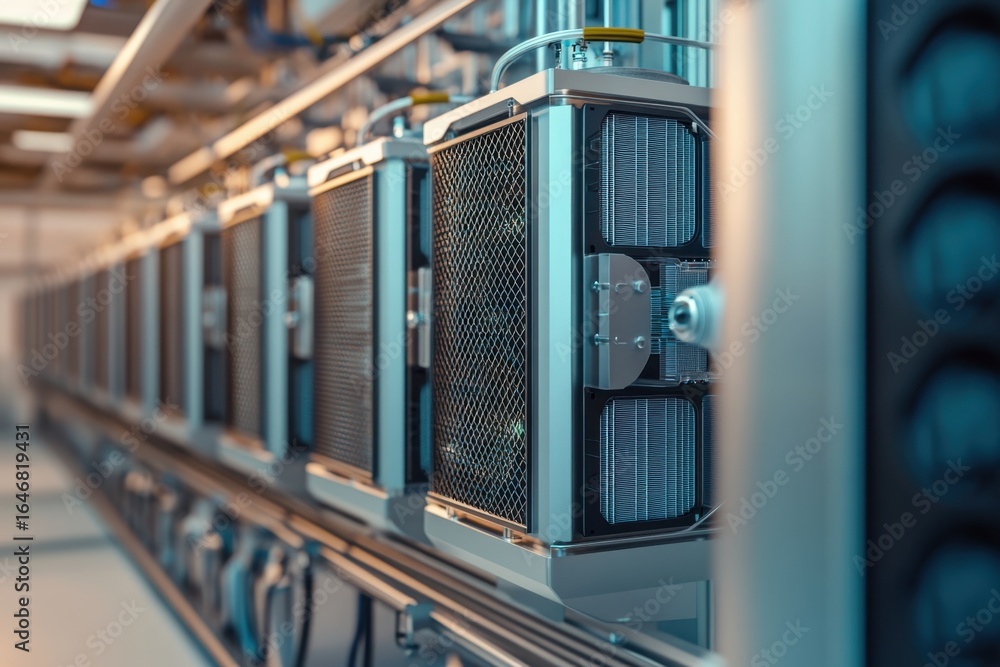 Poster high-tech cooling systems lined up in a modern data center setting