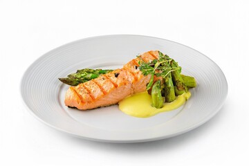 Grilled Salmon Fillet with Roasted Asparagus and Creamy Sauce Elegant Restaurant Dish
