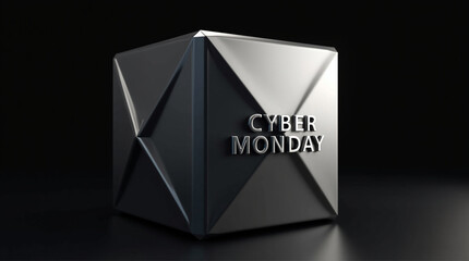 A metallic cube with the words cyber monday on a black background, perfect for online shopping promotions, sales, and advertising campaigns, offering a modern and elegant design