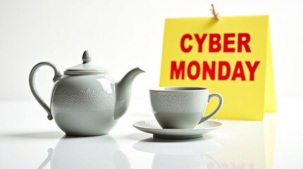 A teapot and cup with a cyber monday sale sign isolated on white background, perfect for online shopping promotions, sales, and advertising campaigns, offering a modern and elegant design