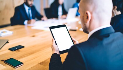 Businessman reviewing a blank tablet screen during a meeting
