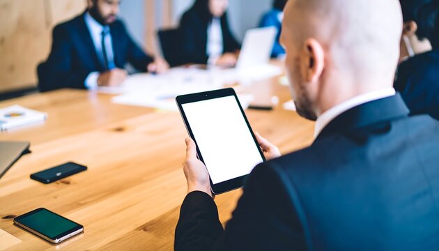Businessman reviewing a blank tablet screen during a meeting