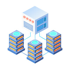 Fototapeta premium Isometric data server network connecting multiple servers isolated on white background