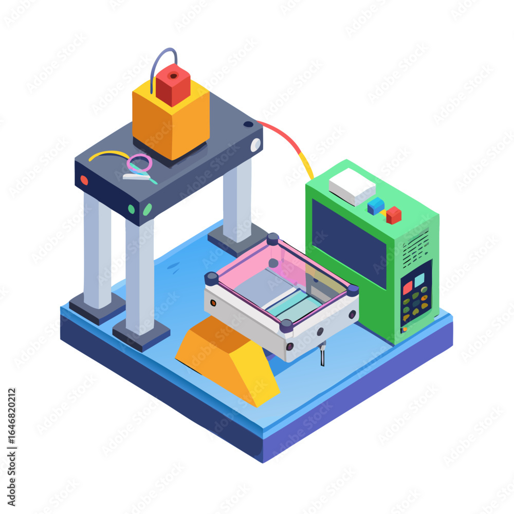 Aufkleber isometric view of a 3d printer creating a prototype isolated on white background