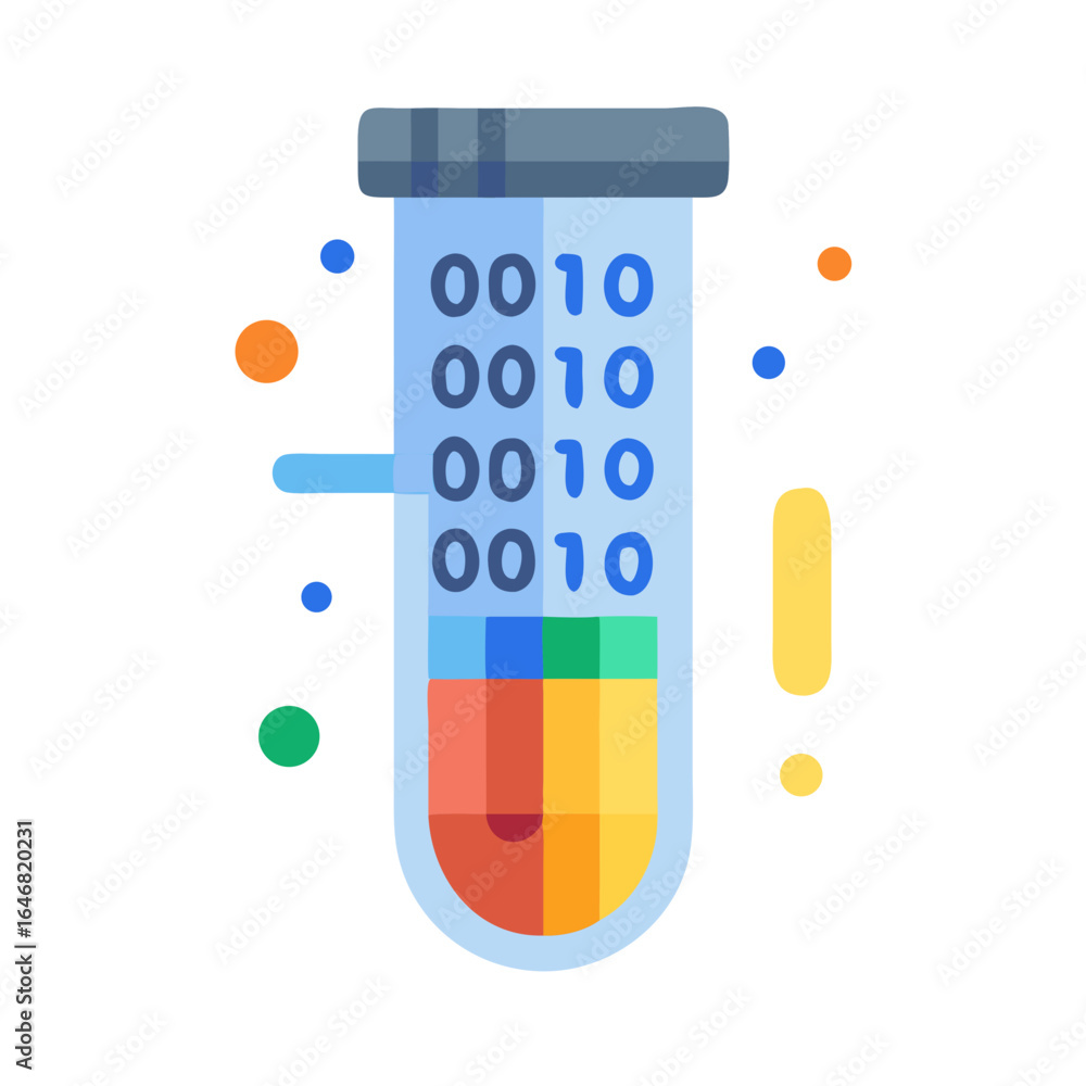 Aufkleber test tube filled with binary code and colorful liquid isolated on white background