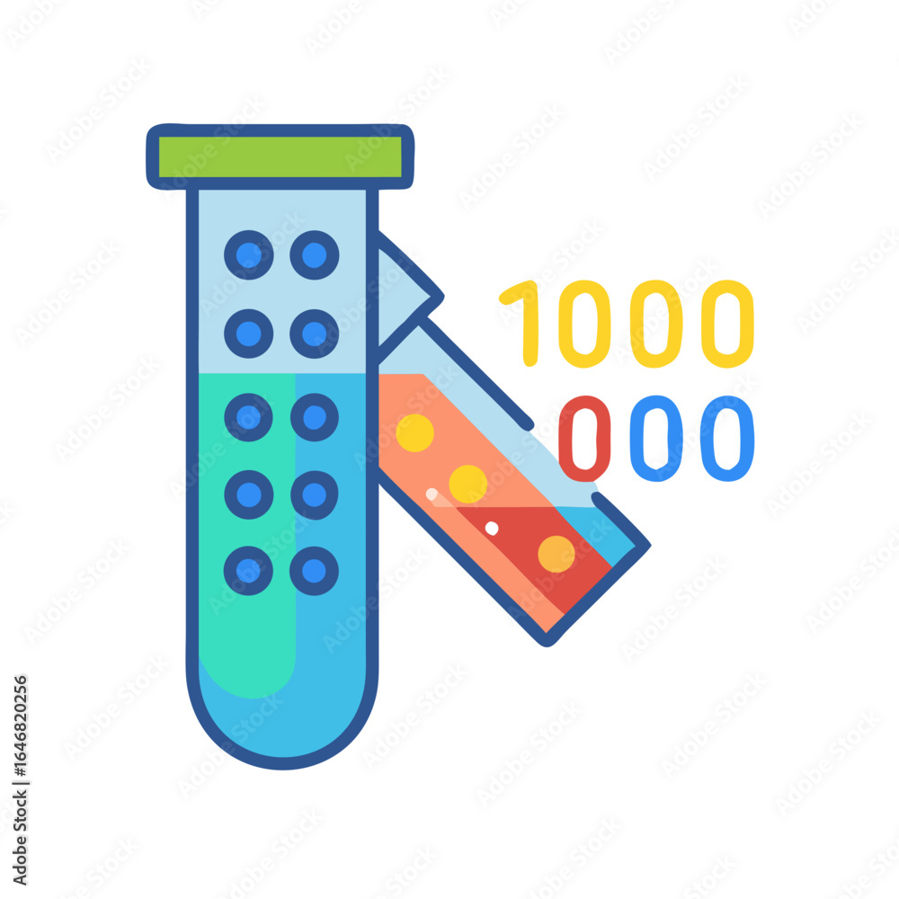 Poster two test tubes with liquid and binary code isolated on white background