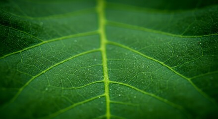 Macro Shot of a Vibrant Green Leaf Vein Texture with a Detailed Central Midrib