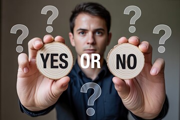 Man holding round wooden signs with yes and no options surrounded by question marks symbolizing decision making and choices