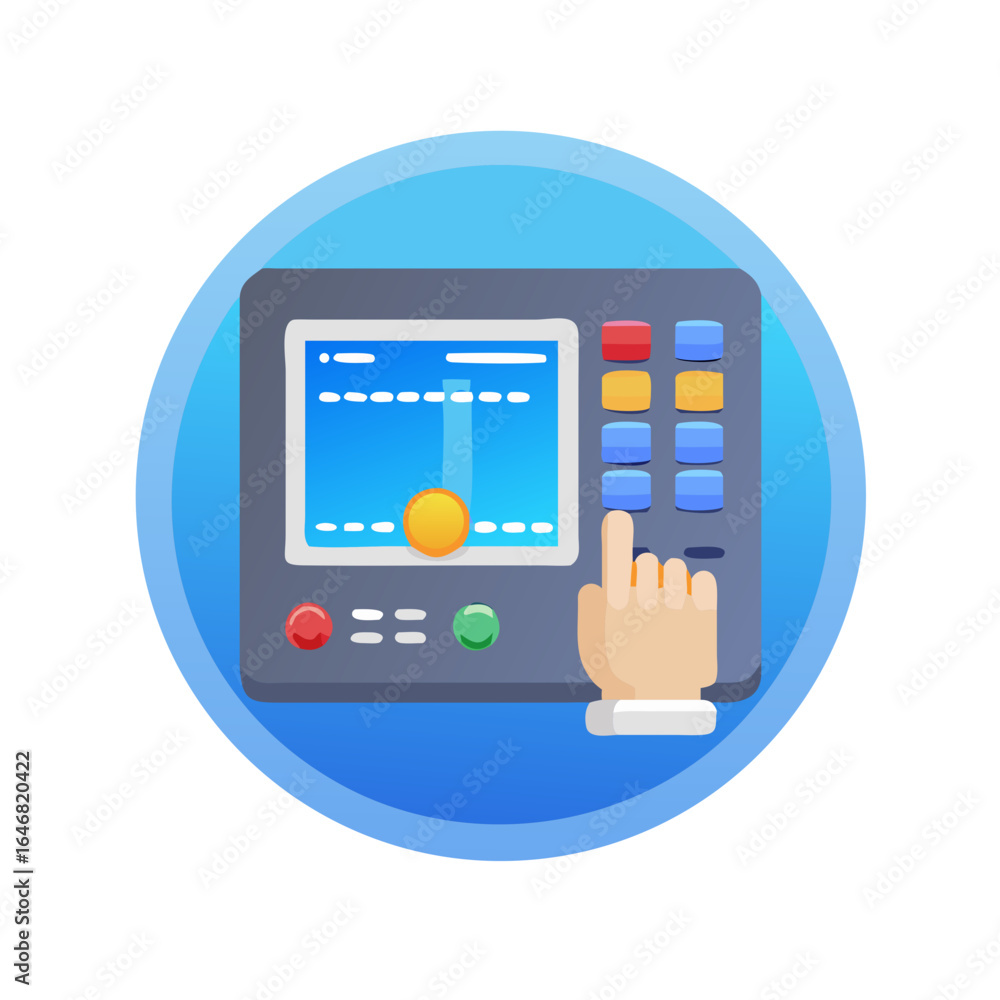Aufkleber operator using machine control panel with hand on button on blue background