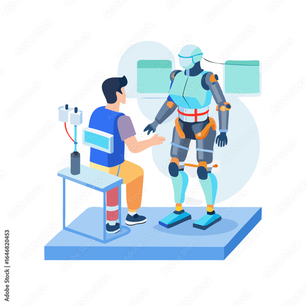 Aufkleber human interacting with a robot in a futuristic science and technology setting
