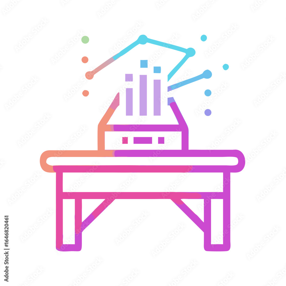 Poster hologram projection on a table isolated on white background, displaying data analysis