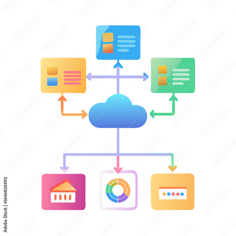 Aufkleber cloud computing network connecting various devices isolated on white background