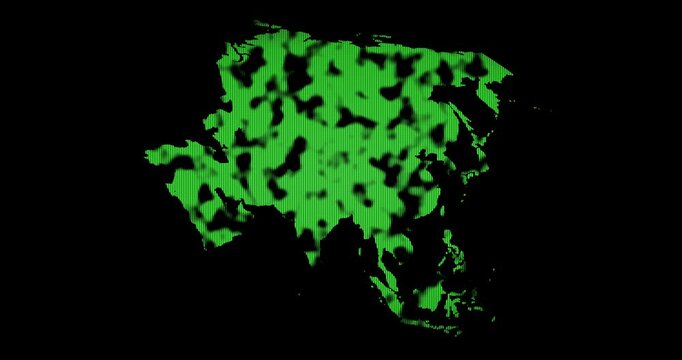 Asia continent map with green points and clouds passing. Loop