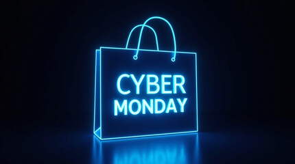 Cyber monday shopping bag with neon light effect on dark background, a promotional event for online sales and discounts, perfect for retail and ecommerce marketing campaigns