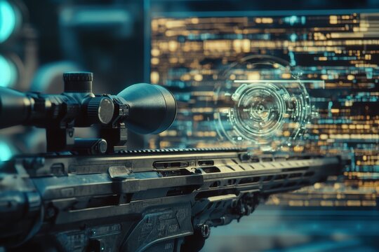 Advanced sniper rifle with digital interface on display at a military technology expo
