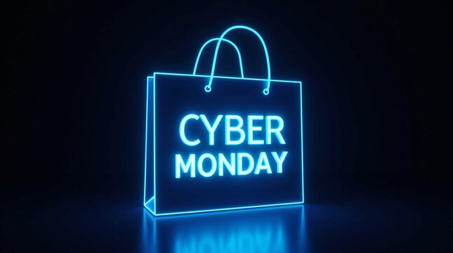 Cyber monday shopping bag with neon light effect on dark background, a promotional event for online sales and discounts, perfect for retail and ecommerce marketing campaigns