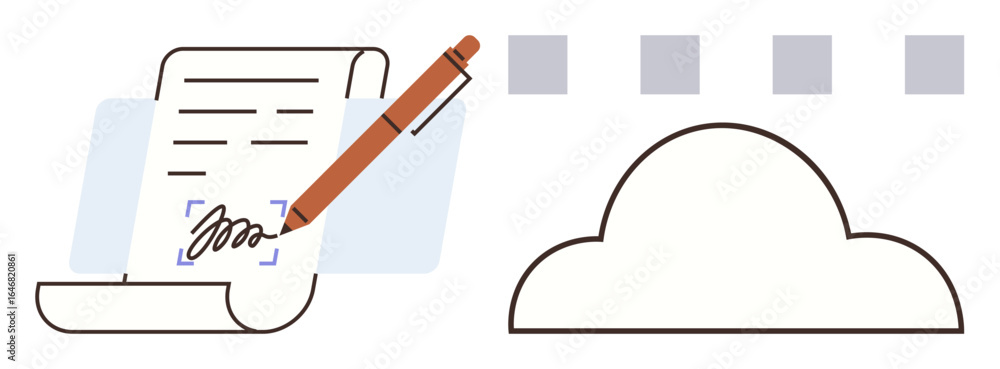 Poster pen signing a document with cloud and data icons. ideal for e-signature, cloud service, digital stor
