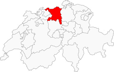 Map of Switzerland highlighting the canton of Aargau. Ideal for projects on its location in the Swiss Mittelland, industrial history, and thermal baths.