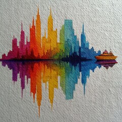 Vibrant cityscape reflected in water, resembling a sound wave