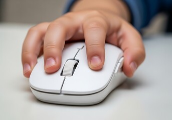 Close up of a childs hand using a white wireless computer mouse to navigate the internet and control the cursor