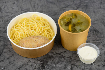 business lunch 2 soup salad and side dish with meat