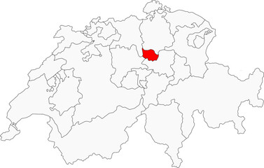 Map of Switzerland highlighting the canton of Zug. Ideal for projects on its low taxes, financial hub status, and beautiful lake scenery.