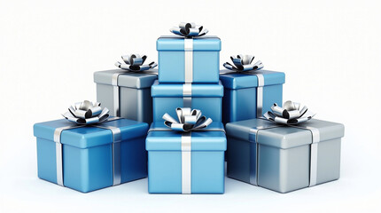 A stack of beautifully wrapped blue and silver gift boxes with ribbons and bows, perfect for celebrating birthdays, holidays, or any special occasion isolated on white background