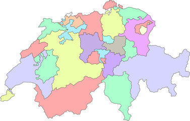  A colorful political map of Switzerland showing the boundaries of all 26 cantons. Ideal for educational, travel, or data visualization projects