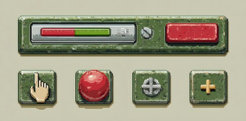Gritty Pixel Art Military UI Set: Buttons, Cursors, and Status Bar
