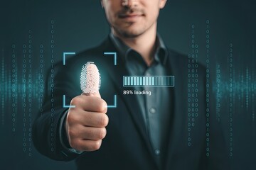 Man s thumb with glowing fingerprint scan overlay indicating successful biometric authentication and digital security verification