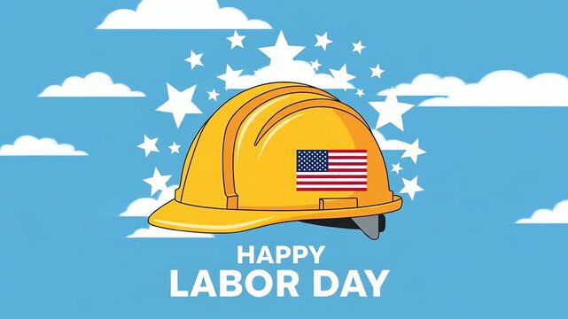 Animated Labor Day background with hard hat American flag stars and clouds suitable for greetings national holidays and celebrating workers contributions.