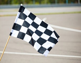 Checkered flag waving at a racetrack, signifying victory or completion