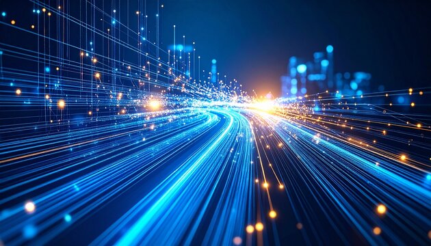Vibrant abstract representation of high-speed digital data transmission, symbolizing modern global network connectivity.