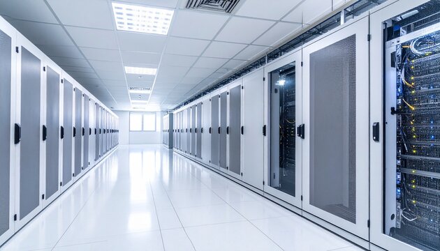 Modern data center corridor with rows of server racks in a clean, white, and organized server room.
