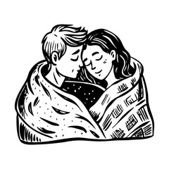 Vintage style illustration depicting intimate cuddling couple 