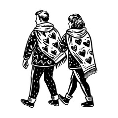 A vintage style illustration showing couple walking together