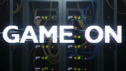Animated game on text with glitch effect over server racks suits digital content tech projects and game related concepts. - Powered by Adobe